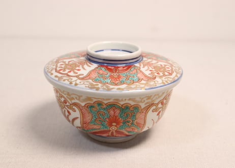明治前期色絵団龍と牡丹図通り物蒸茶碗①5客組