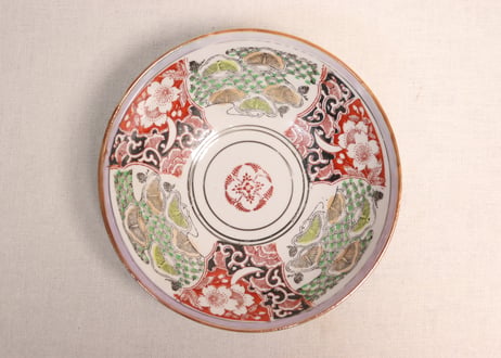 大正~昭和戦前ゴム判色絵松と桜図7寸鉢