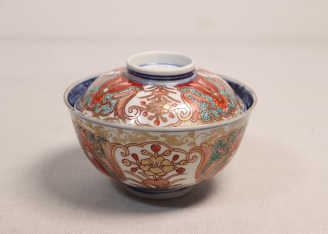 明治前期色絵団龍と牡丹図通り物飯茶碗①5客組
