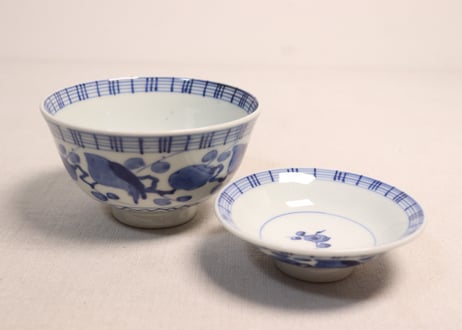 江戸幕末染付梅と鶯図蓋茶碗