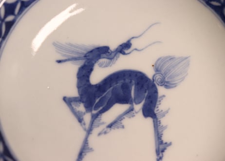 明治前期染付麒麟と花図蓋茶碗①