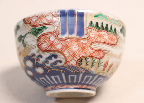 江戸中期色絵山水人物と帆掛け船図蓋茶碗