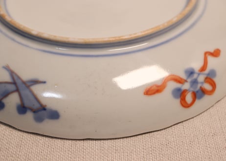 明治前期色絵青玉に青海波と花図6寸皿
