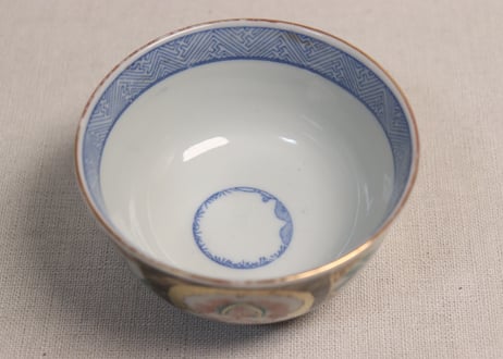 大正~昭和戦前ゴム判色絵牡丹と竹図通り物蓋茶碗