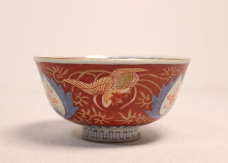江戸幕末赤絵金彩鳳凰図蓋茶碗