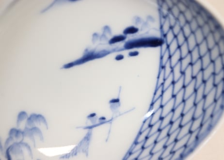 明治後期~大正染付網と漁師図貝型小鉢