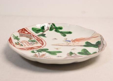 明治前期色絵松に家と鳥図7寸皿②釉剥げ