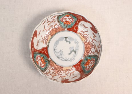 明治前期色絵籠目に芦と水鳥図なます皿①