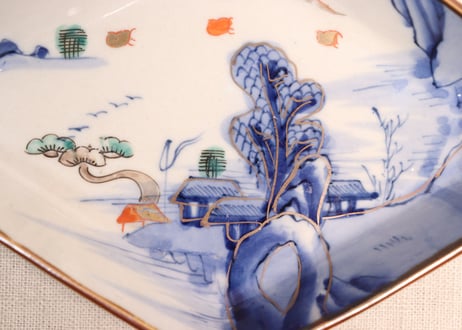明治前期色絵山水図菱形皿①釉剥げ