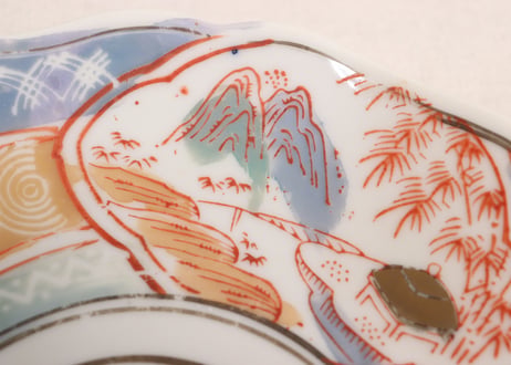 昭和戦前ゴム判色絵三方山水図7寸皿