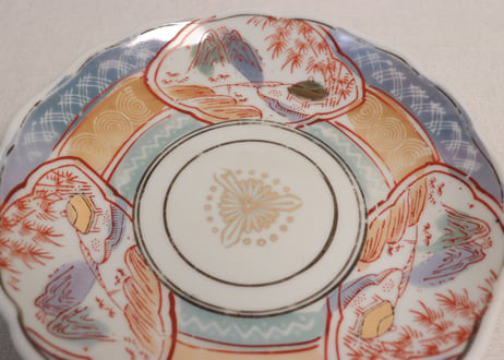 昭和戦前ゴム判色絵三方山水図7寸皿
