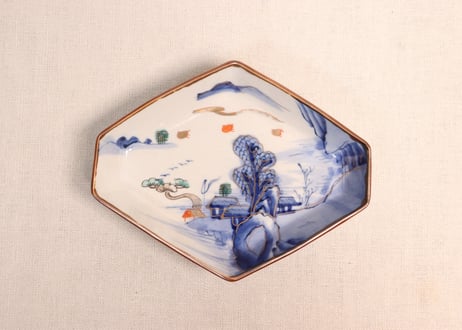 明治前期色絵山水図菱形皿①釉剥げ