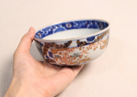 江戸後期色絵花と梅に鶯図大蓋茶碗　変色有り