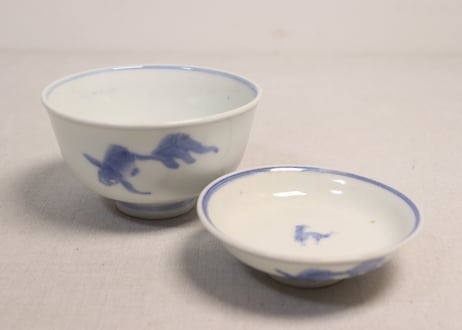 明治前期染付金魚図蓋茶碗①蓋少甘手