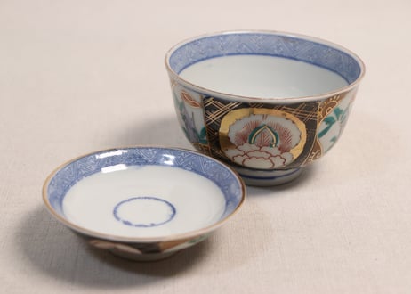 大正~昭和戦前ゴム判色絵牡丹と竹図通り物蓋茶碗