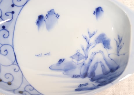 明治後期~大正染付山水図舟形皿