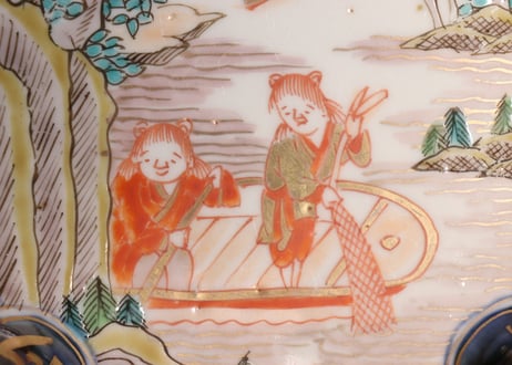 江戸幕末色絵漁師図四弁5寸深皿