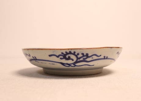 明治前期紙刷菊と牡丹と竹図５寸皿②かたつき