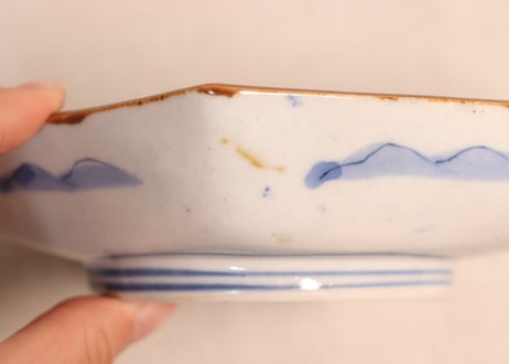 明治前期色絵山水図菱形皿①釉剥げ