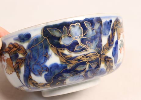 江戸後期色絵花と梅に鶯図大蓋茶碗　変色有り