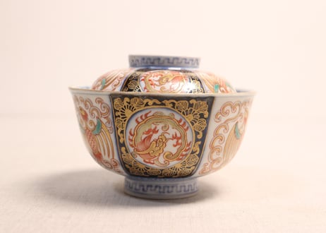 明治前期色絵龍と鳳凰図通り物蓋茶碗
