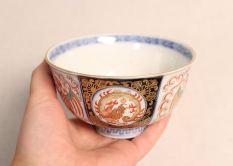 明治前期色絵龍と鳳凰図通り物蓋茶碗