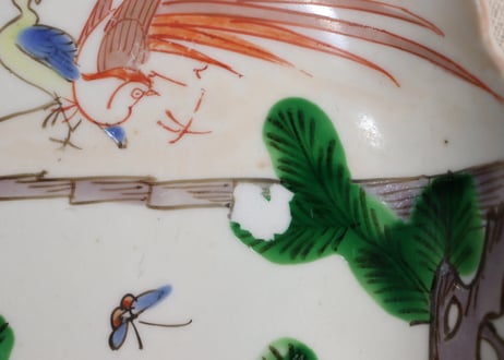明治前期色絵松に家と鳥図7寸皿②釉剥げ