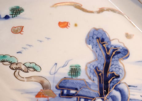 明治前期色絵山水図菱形皿①釉剥げ