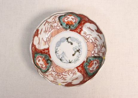 明治前期色絵籠目に芦と水鳥図なます皿②ノミホツ
