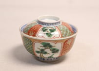 江戸幕末色絵松竹梅と幾何学文図通り物　飯茶碗