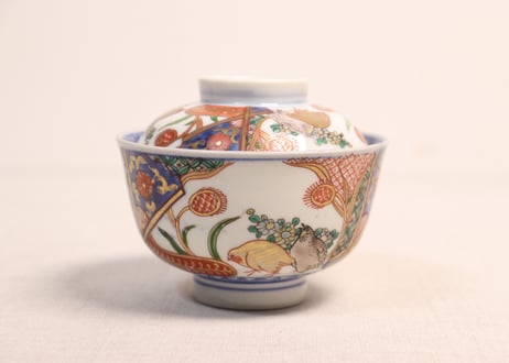 明治前期色絵鶉図蓋茶碗②黒点