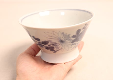 江戸後期染付菊と蝙蝠図広東型蓋茶碗