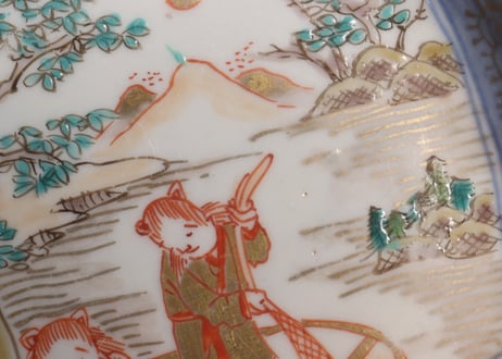 江戸幕末色絵漁師図四弁5寸深皿