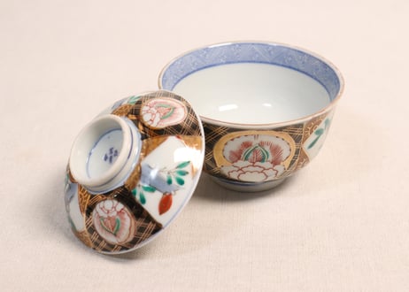 大正~昭和戦前ゴム判色絵牡丹と竹図通り物蓋茶碗
