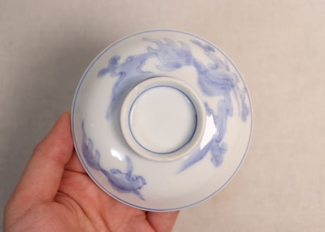 明治前期染付金魚図蓋茶碗②少甘手