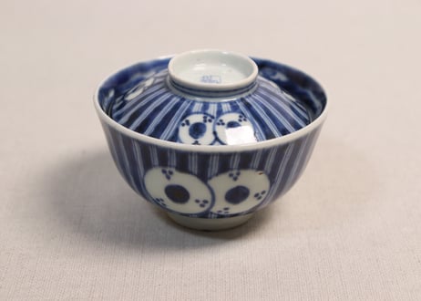 江戸後期染付縦縞鼓図蓋茶碗②高台傷