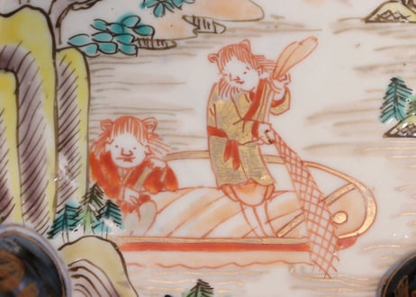 江戸幕末色絵漁師図四弁5寸深皿