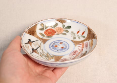 明治後期～大正色絵牡丹と水鳥に山水図通り物小皿②少かたつき