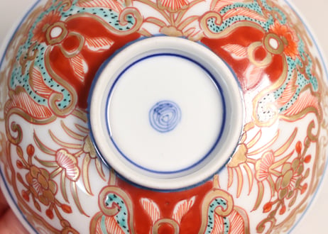 明治前期色絵団龍と牡丹図通り物飯茶碗②