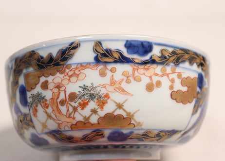 江戸後期色絵花と梅に鶯図大蓋茶碗　変色有り