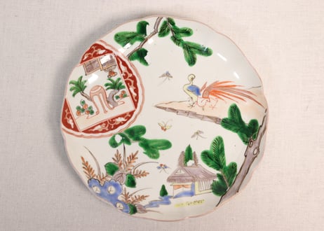 明治前期色絵松に家と鳥図7寸皿②釉剥げ