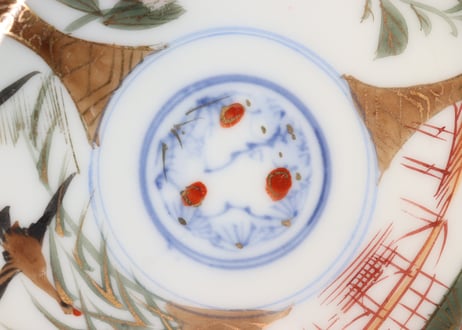 明治後期～大正色絵牡丹と水鳥に山水図通り物小皿①