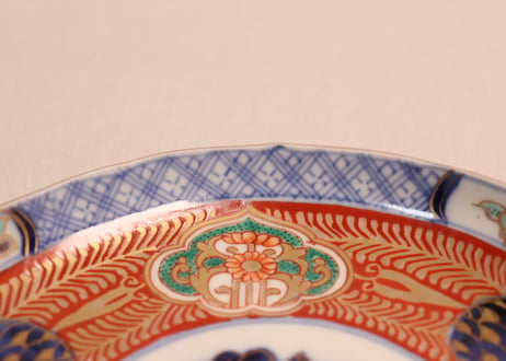 明治前期色絵青玉に青海波と花図6寸皿