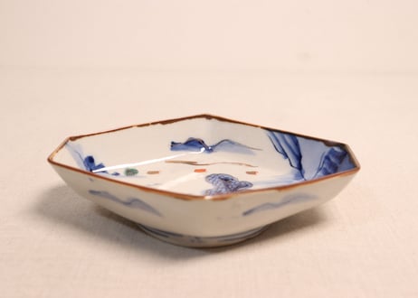 明治前期色絵山水図菱形皿①釉剥げ