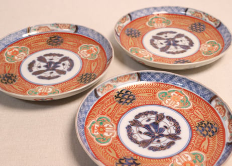 明治前期色絵青玉に青海波と花図6寸皿