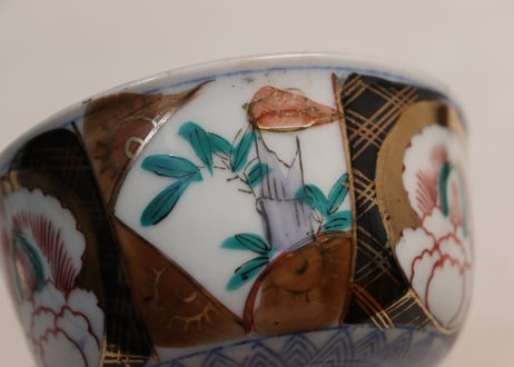 大正~昭和戦前ゴム判色絵牡丹と竹図通り物蓋茶碗