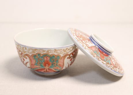 明治前期色絵団龍と牡丹図通り物蒸茶碗①5客組