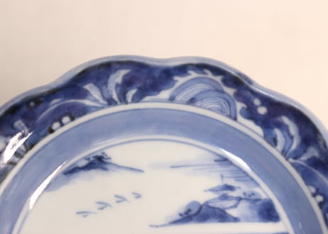 江戸後期染付山水図輪花鍔縁小皿②ムシクイ