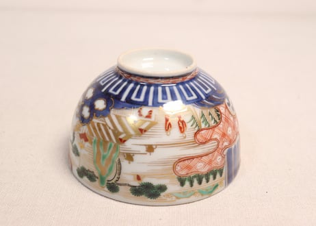 江戸中期色絵山水人物と帆掛け船図蓋茶碗
