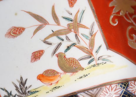 明治前期色絵鶉と幾何学文図角皿